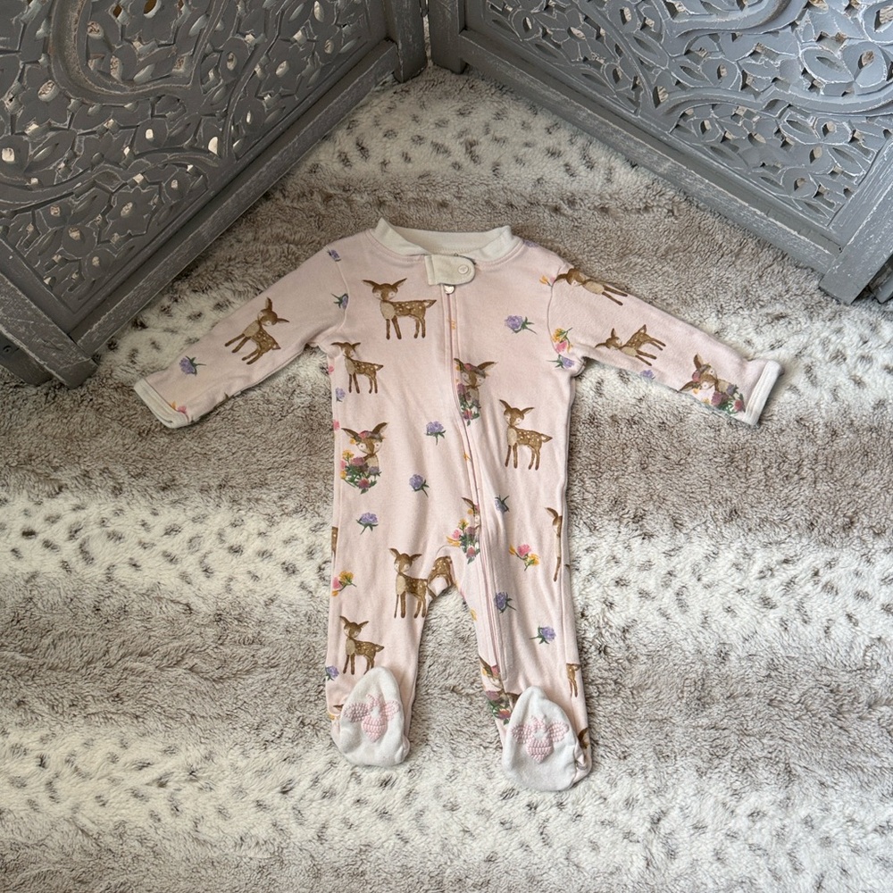 Burt's Bees Baby pink floral deer footie pajamas girls 0-3 months feminine fall